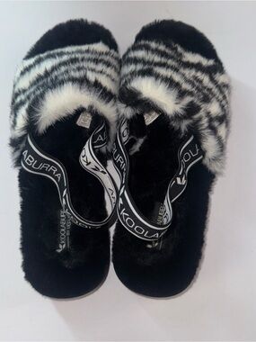 Koolaburra Black and White Faux Fur Slide Slippers with Logo Strap